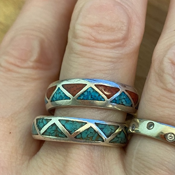 Vintage inlaid coral and turquoise southwest silver rings. - Picture 1 of 9